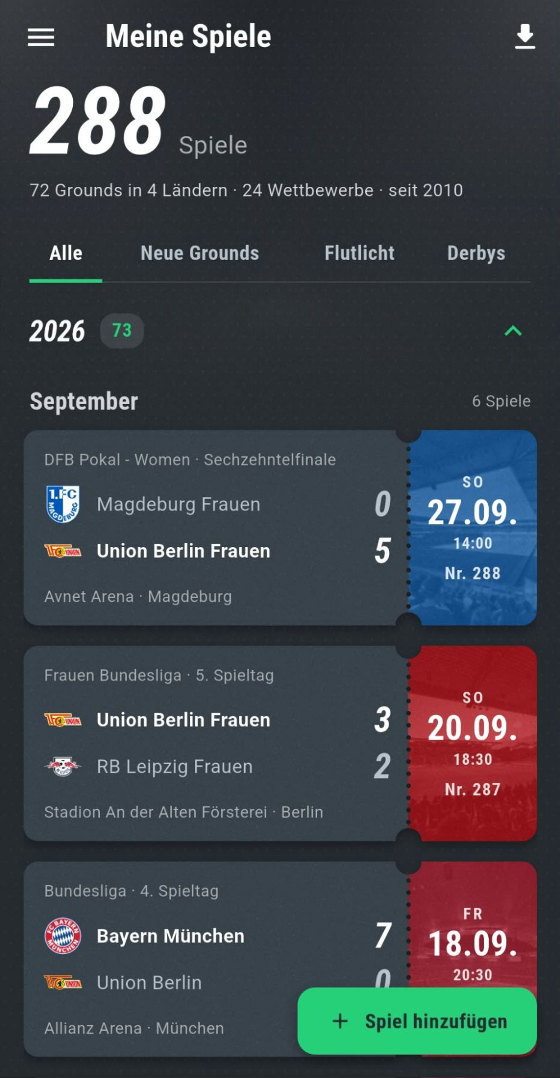Die App: Liste „Meine Spiele“ mit 288 Spielen aus 72 Grounds, im September drei Tickets in Vereinsfarben mit Ergebnis, Datum und laufender Nummer
