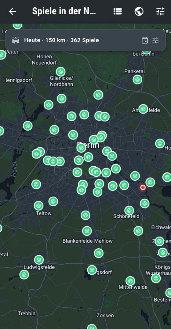 Die App: Spiele in der Nähe als Karte um Berlin mit grünen Nadeln, oben der Filter „Heute · 150 km · 362 Spiele“