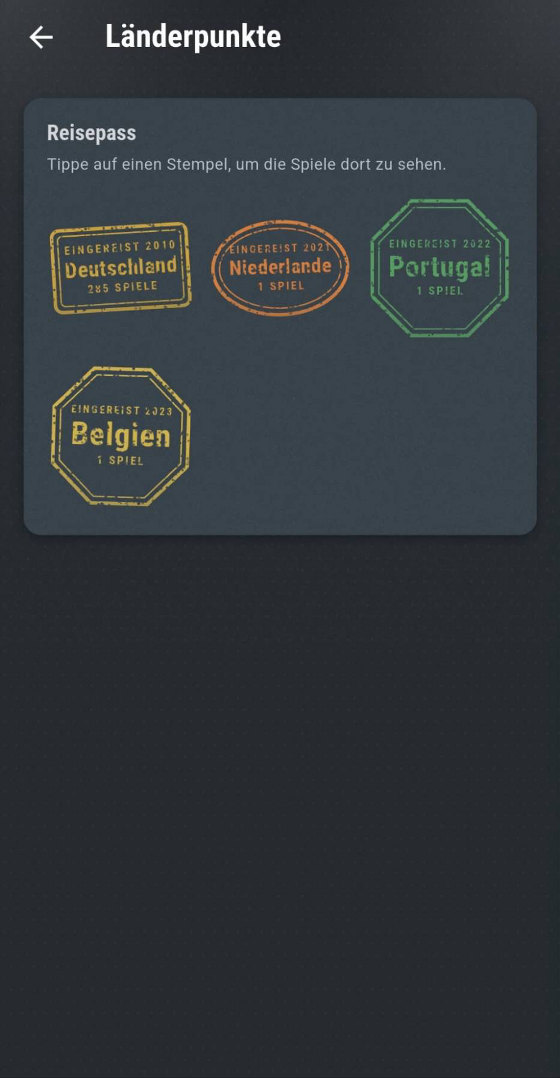 Die App: Reisepass mit vier Einreisestempeln – Deutschland 2010 mit 285 Spielen, Niederlande 2021, Portugal 2022 und Belgien 2023 mit je einem Spiel