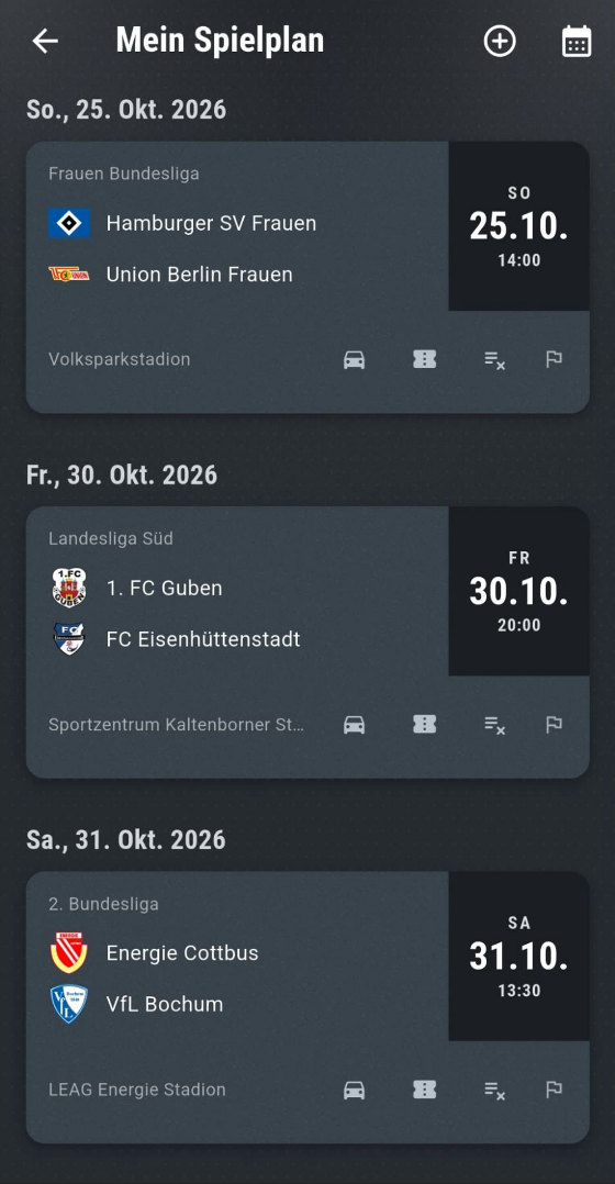 Die App: Mein Spielplan mit drei gemerkten Spielen am 25., 30. und 31. Oktober 2026, jeweils mit Anstoßzeit, Vereinswappen und Stadion