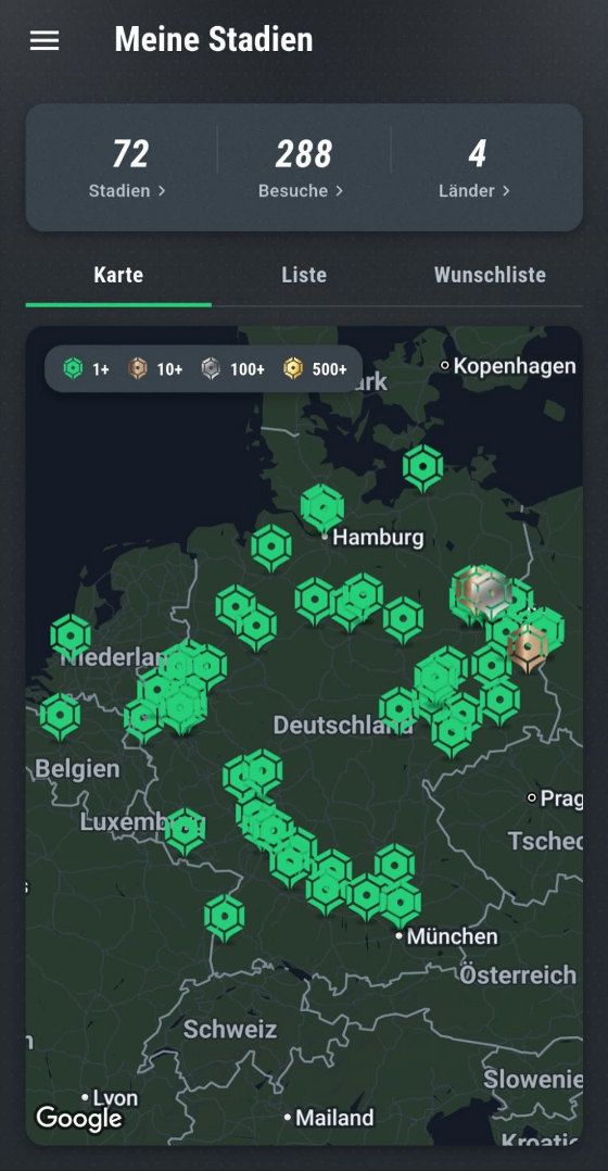 Die App: Karte „Meine Stadien“ mit 72 Stadien, 288 Besuchen und 4 Ländern, sechseckige Nadeln auf Deutschland, die meisten grün, um Berlin auch bronzene und silberne
