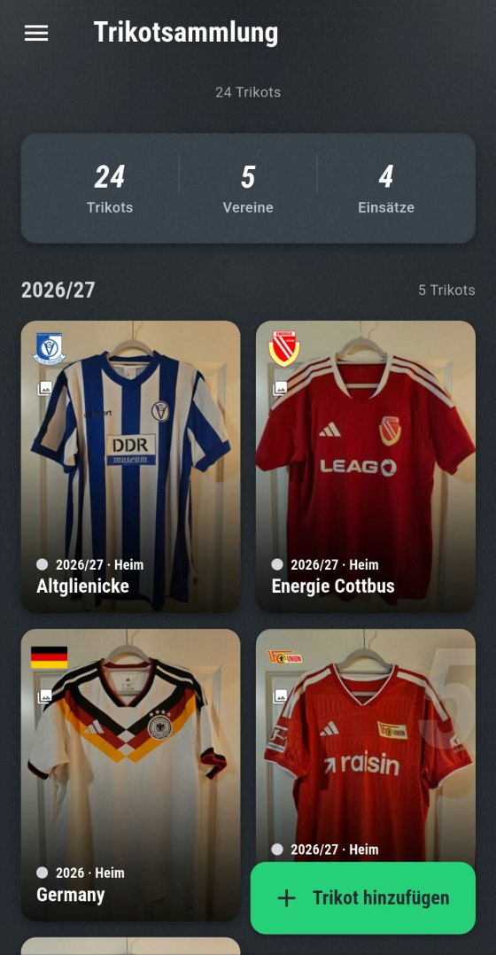 Die App: Trikotsammlung mit 24 Trikots, die Kacheln der Saison 2026/27 mit Foto, Verein und Art, darunter Altglienicke, Energie Cottbus und Union Berlin